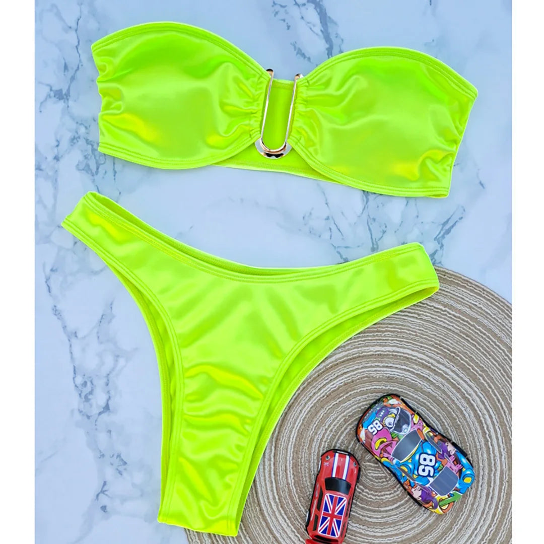 Swimwear - Bandeau 2 Piece Bikini with Satin Finish and Gold Highlights