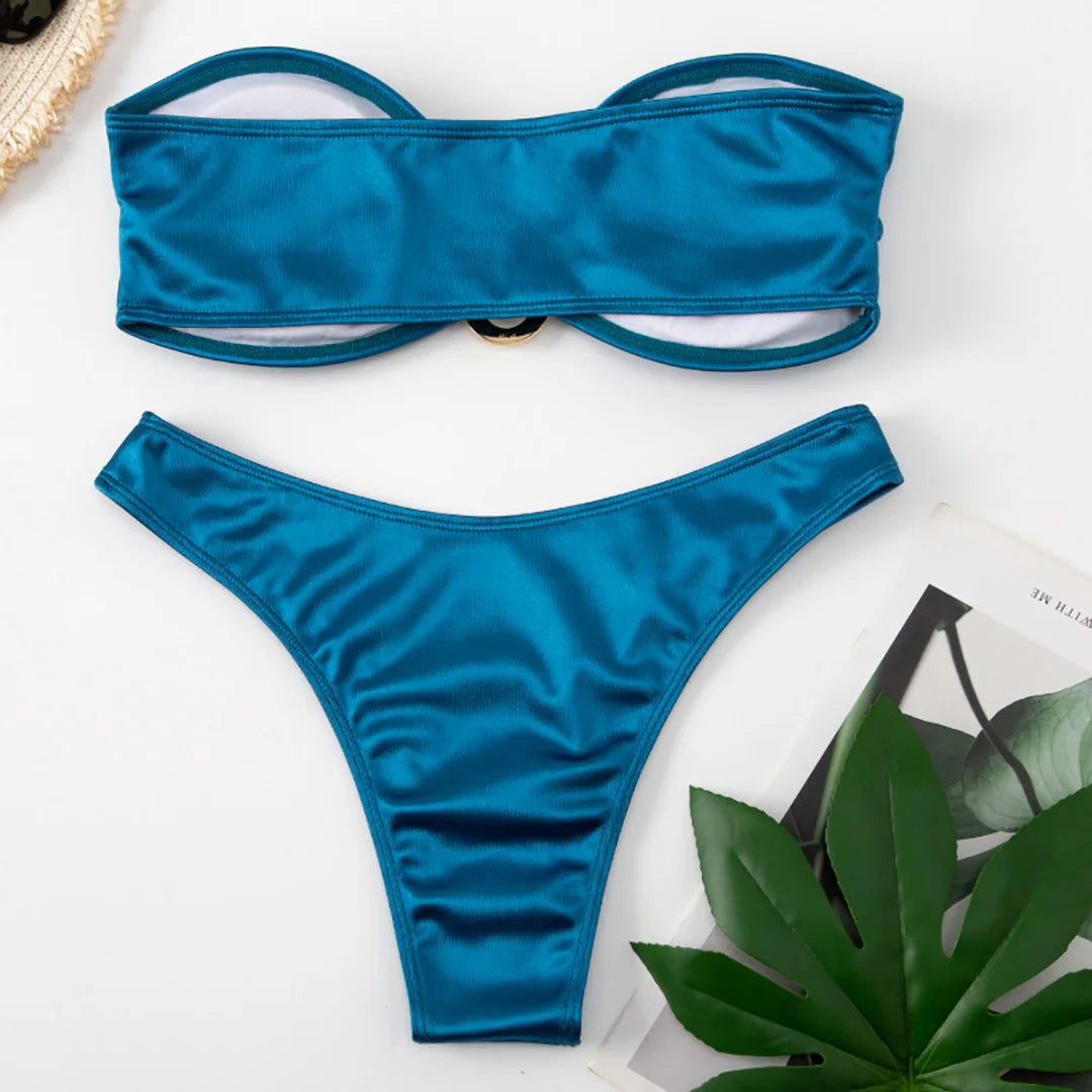 Swimwear - Bandeau 2 Piece Bikini with Satin Finish and Gold Highlights