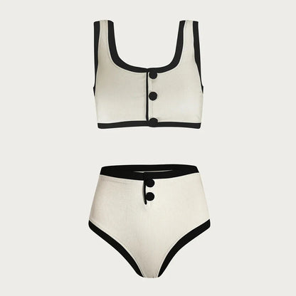 Swimwear- Buttoned Elegant Black & White 2-Piece Swimwear- - Chuzko Women Clothing