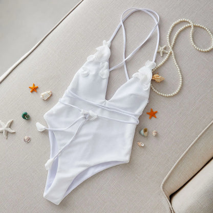 Swimwear- Elegant Bikini Set with Floral Appliqués - One-Piece Collection- - Pekosa Women Fashion