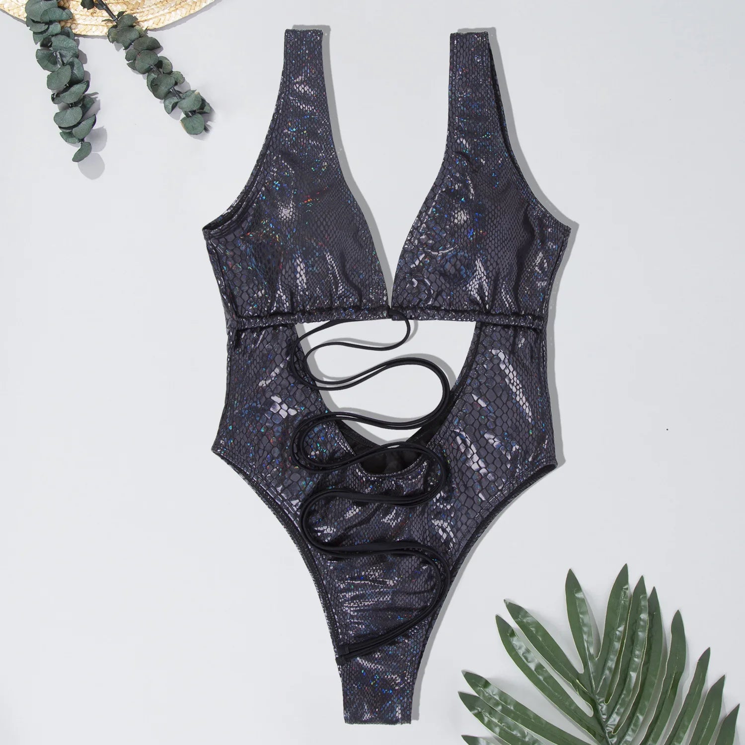 Swimwear - Glossy Snake Skin One Piece Swimwear for Poolside Glamour