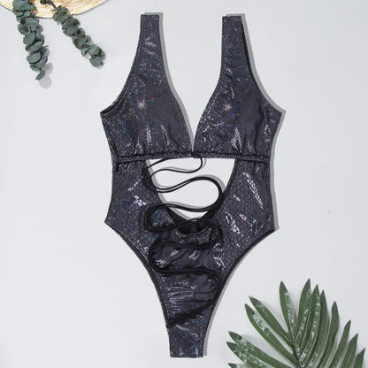 Swimwear - Glossy Snake Skin One Piece Swimwear for Poolside Glamour