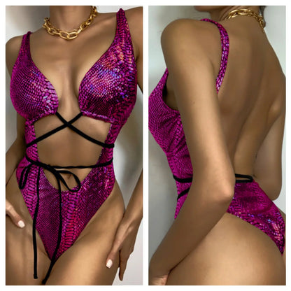 Swimwear - Glossy Snake Skin One Piece Swimwear for Poolside Glamour