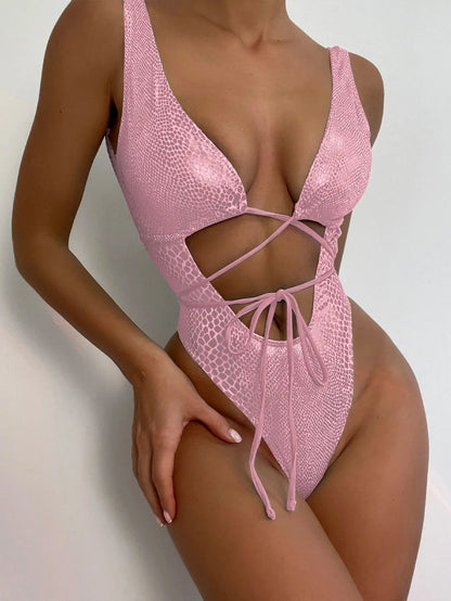 Swimwear - Glossy Snake Skin One Piece Swimwear for Poolside Glamour
