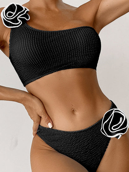 Swimwear- One-Shoulder Beachwear Two-Piece Swimsuit- Black- Pekosa Women Fashion