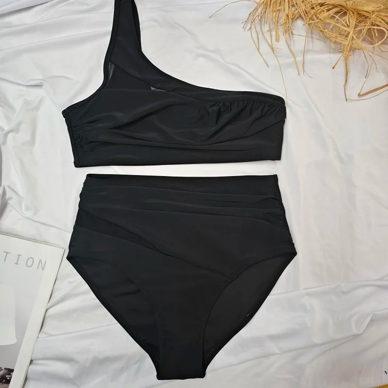 Swimwear - One-Shoulder High-Waisted Bikini for Tropical Vacations