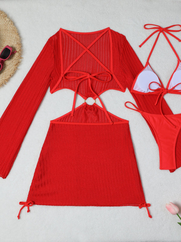 Swimwear- Women's 3-Piece String Swimsuit - Bikini & Triangle Bra & Beachy Mesh Cover-Up- - Pekosa Women Fashion