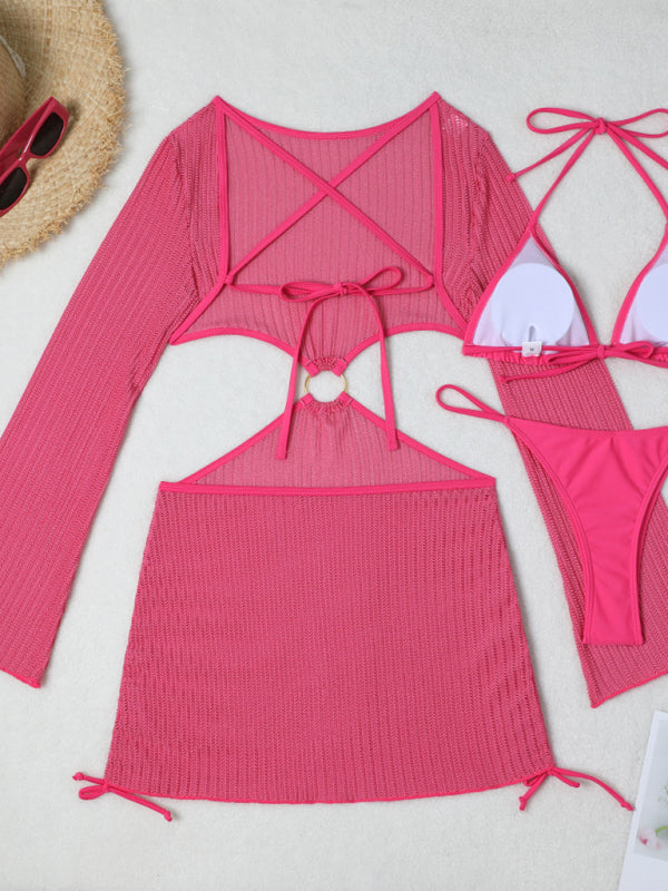 Swimwear- Women's 3-Piece String Swimsuit - Bikini & Triangle Bra & Beachy Mesh Cover-Up- - Pekosa Women Fashion