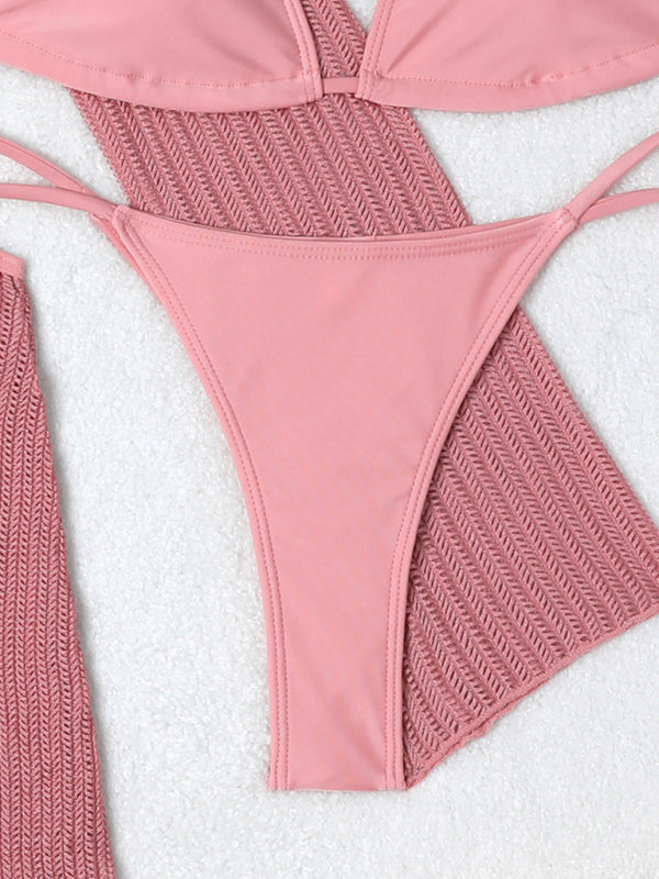 Swimwear- Women's 3-Piece String Swimsuit - Bikini & Triangle Bra & Beachy Mesh Cover-Up- - Pekosa Women Fashion