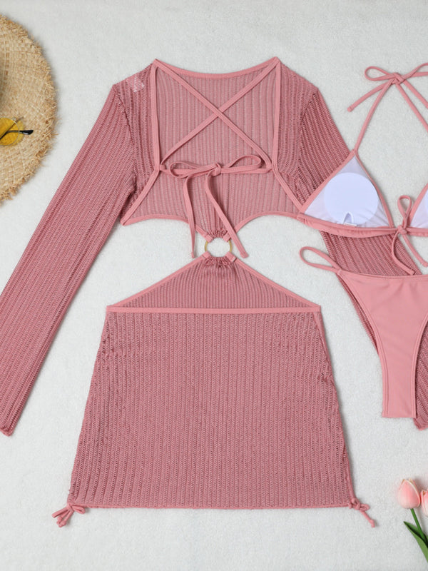 Swimwear- Women's 3-Piece String Swimsuit - Bikini & Triangle Bra & Beachy Mesh Cover-Up- - Pekosa Women Fashion