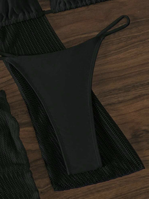 Swimwear- Women's 3-Piece String Swimsuit - Bikini & Triangle Bra & Beachy Mesh Cover-Up- - Pekosa Women Fashion