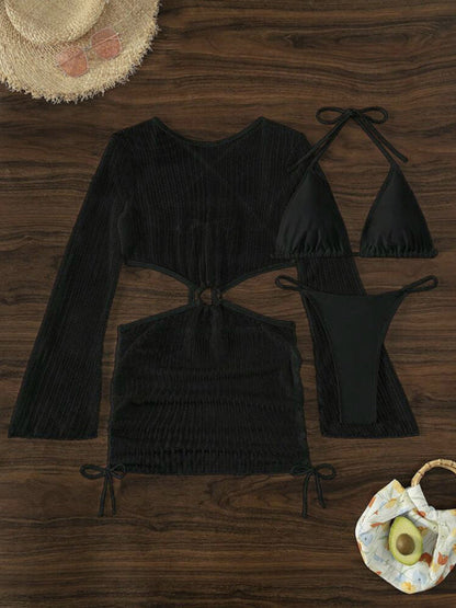 Swimwear- Women's 3-Piece String Swimsuit - Bikini & Triangle Bra & Beachy Mesh Cover-Up- - Pekosa Women Fashion