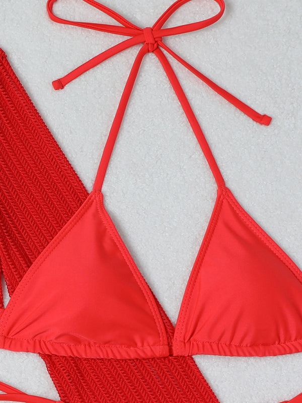 Swimwear- Women's 3-Piece String Swimsuit - Bikini & Triangle Bra & Beachy Mesh Cover-Up- - Pekosa Women Fashion