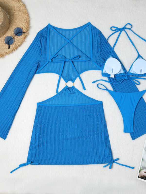 Swimwear- Women's 3-Piece String Swimsuit - Bikini & Triangle Bra & Beachy Mesh Cover-Up- - Pekosa Women Fashion