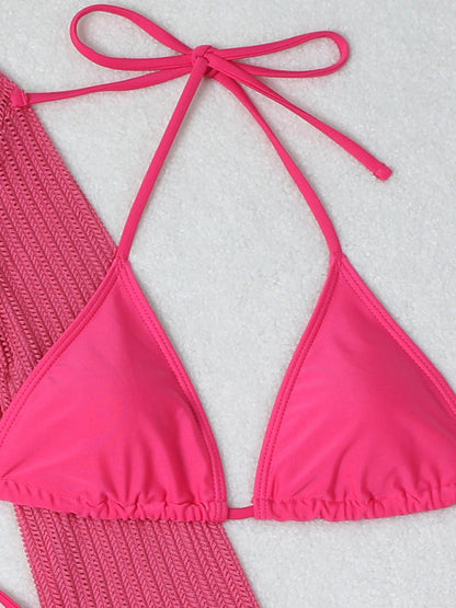 Swimwear- Women's 3-Piece String Swimsuit - Bikini & Triangle Bra & Beachy Mesh Cover-Up- - Pekosa Women Fashion