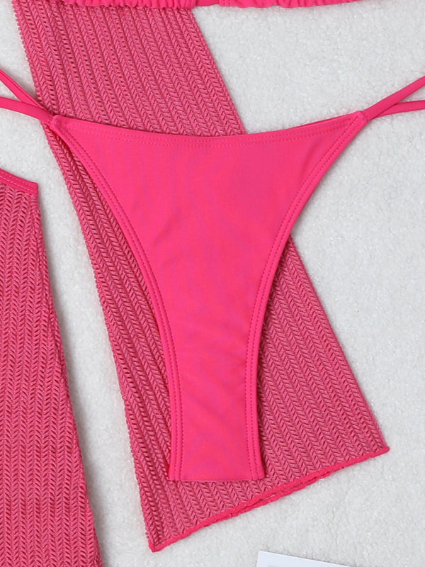 Swimwear- Women's 3-Piece String Swimsuit - Bikini & Triangle Bra & Beachy Mesh Cover-Up- - Pekosa Women Fashion
