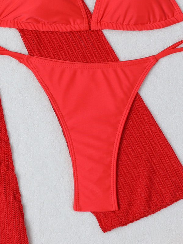 Swimwear- Women's 3-Piece String Swimsuit - Bikini & Triangle Bra & Beachy Mesh Cover-Up- - Pekosa Women Fashion