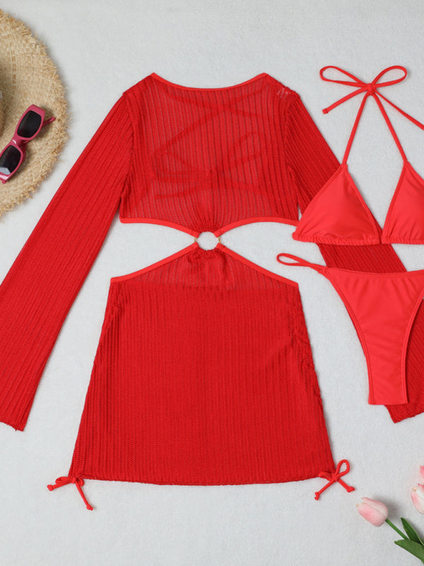 Swimwear- Women's 3-Piece String Swimsuit - Bikini & Triangle Bra & Beachy Mesh Cover-Up- - Pekosa Women Fashion