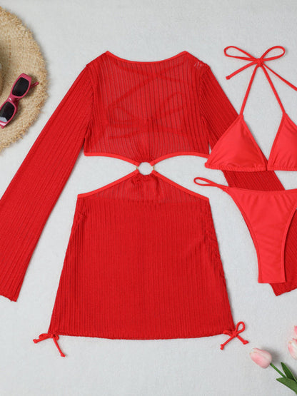 Swimwear- Women's 3-Piece String Swimsuit - Bikini & Triangle Bra & Beachy Mesh Cover-Up- - Pekosa Women Fashion