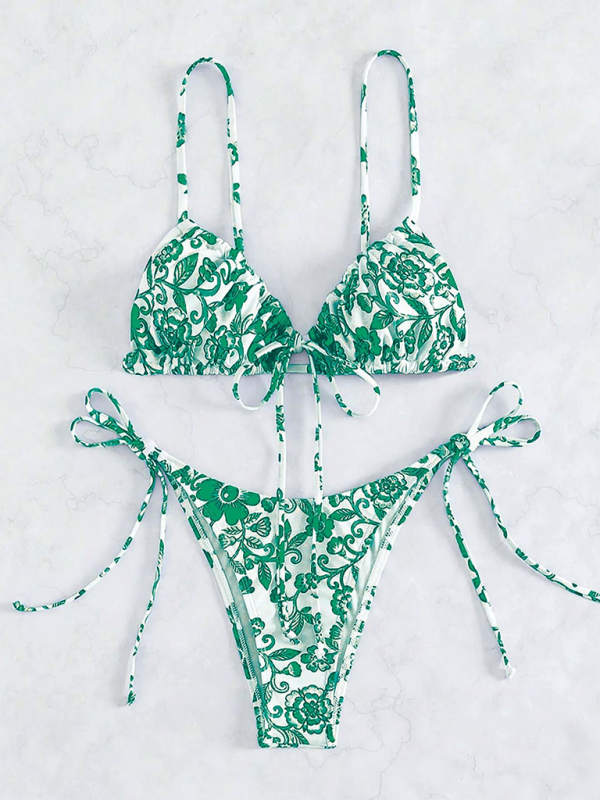 Swimwear- Women's Floral Print Swimwear Set - Tie-Sides Bikini & Ruched Triangle Bra- Green- Pekosa Women Fashion