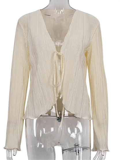 Toppers- Cream Ribbed Tie-Front Cardigan Topper- - Chuzko Women Clothing