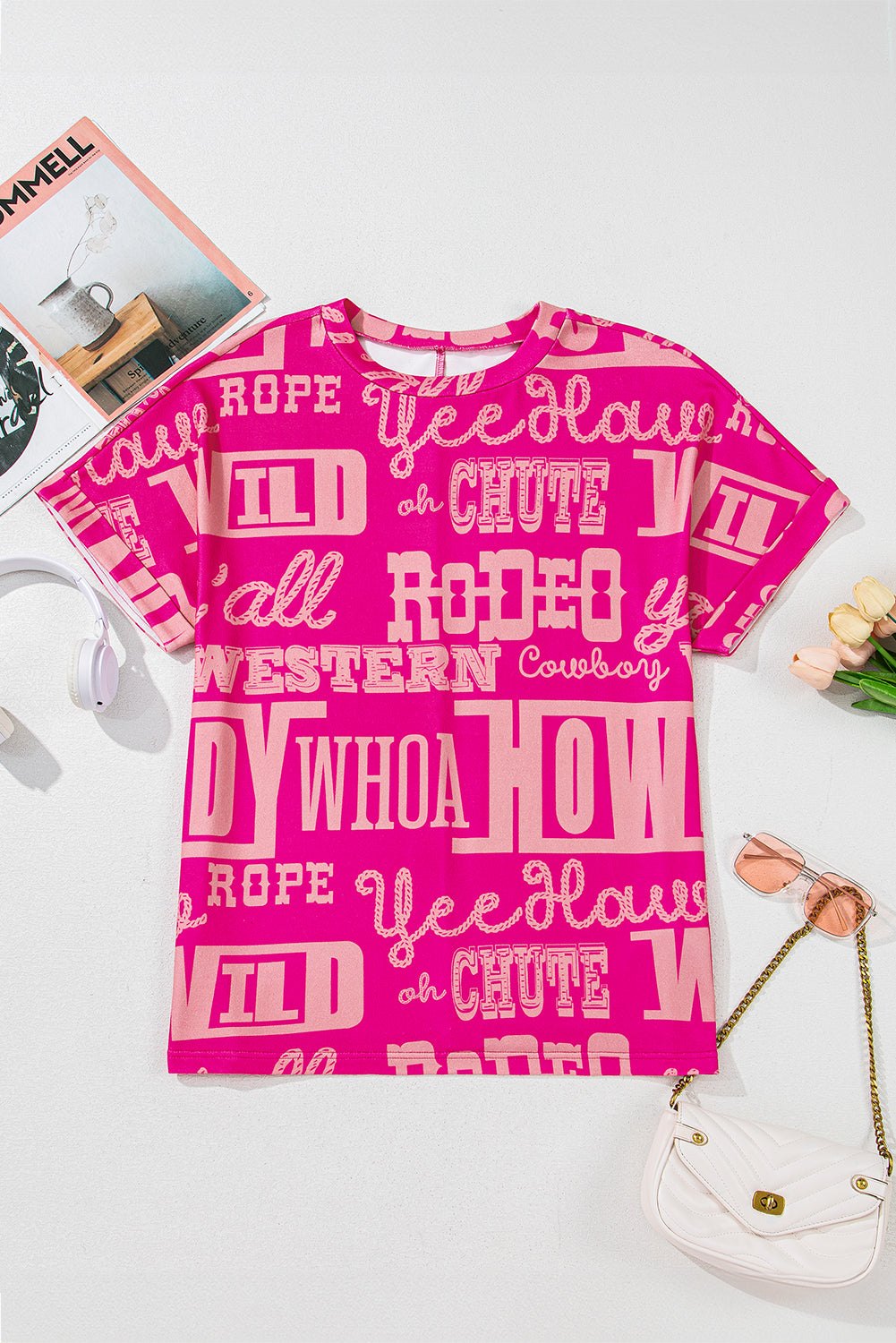 Tops & Tees - Pink Western Cowboy Print Tee - Casual &amp; Stylish