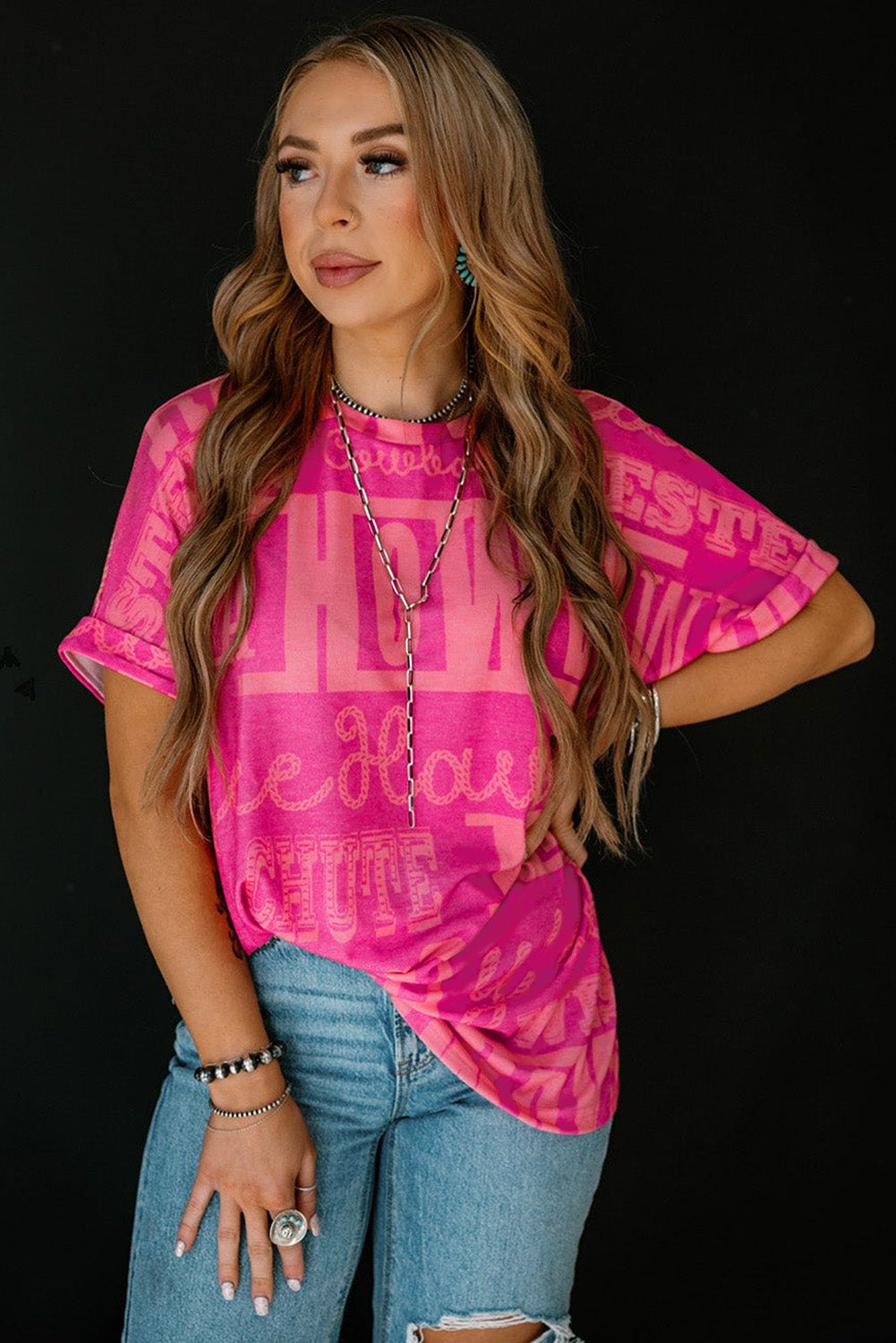 Tops & Tees - Pink Western Cowboy Print Tee - Casual &amp; Stylish