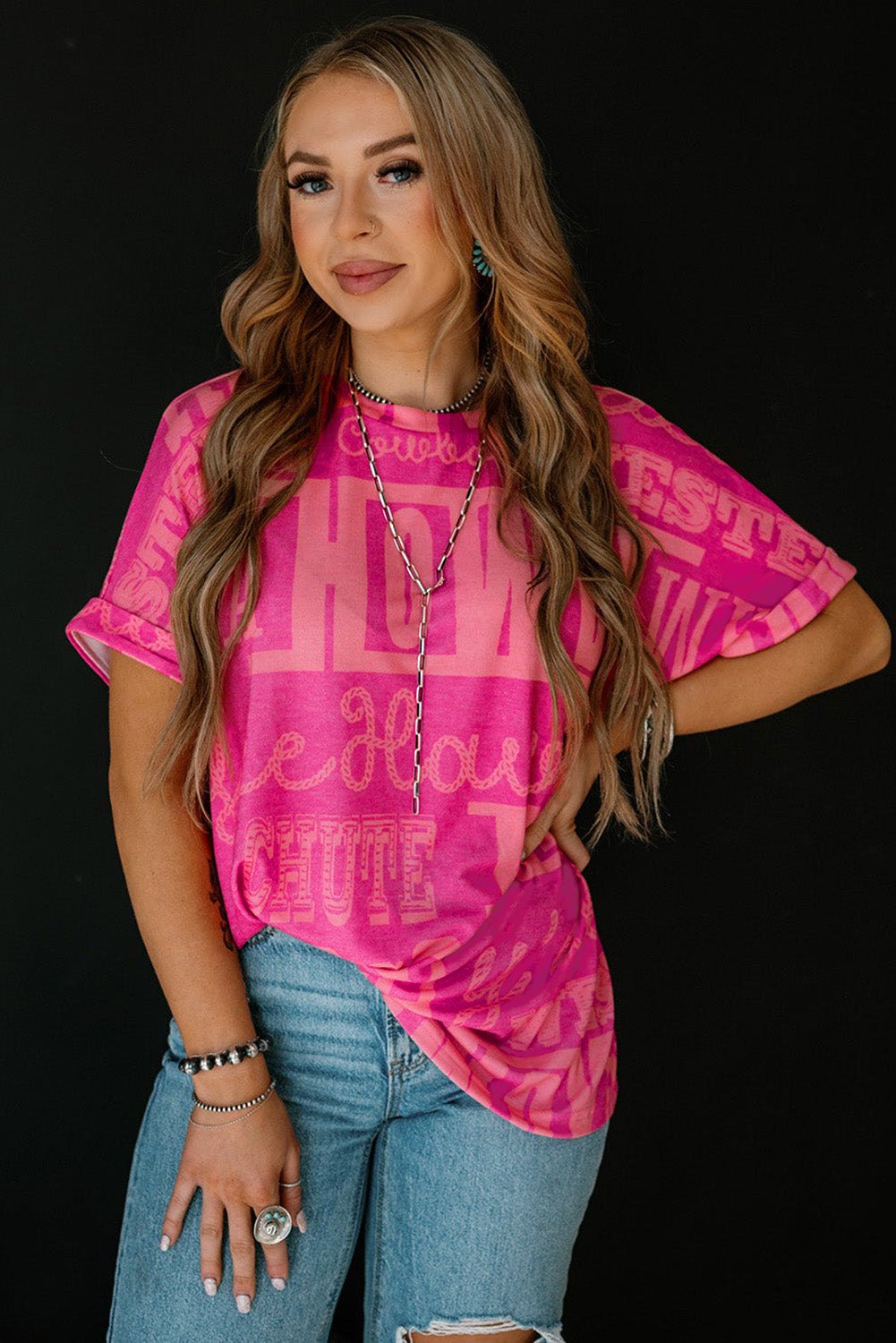 Tops & Tees - Pink Western Cowboy Print Tee - Casual &amp; Stylish