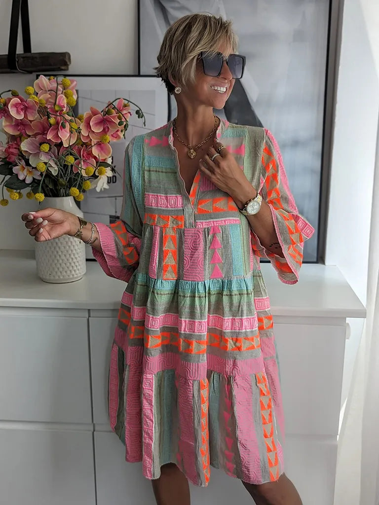 Tunic Dresses- Autumn Geo Print Tiered 3/4 Sleeve Midi Dress- - Pekosa Women Clothing