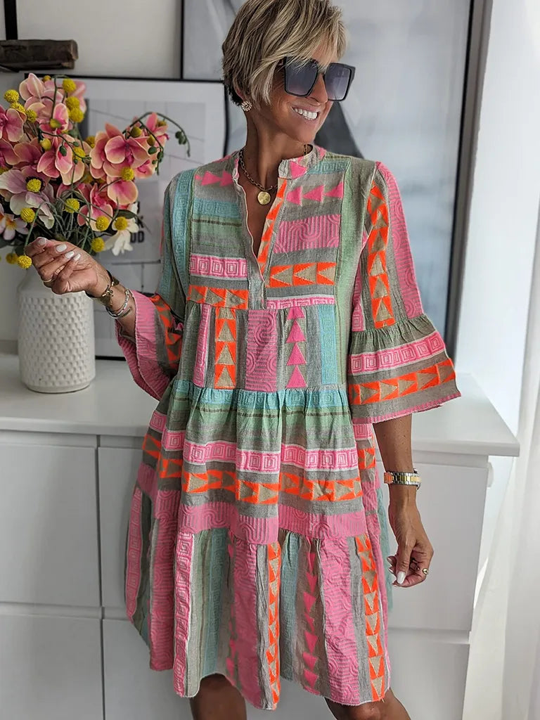 Tunic Dresses- Autumn Geo Print Tiered 3/4 Sleeve Midi Dress- - Pekosa Women Clothing