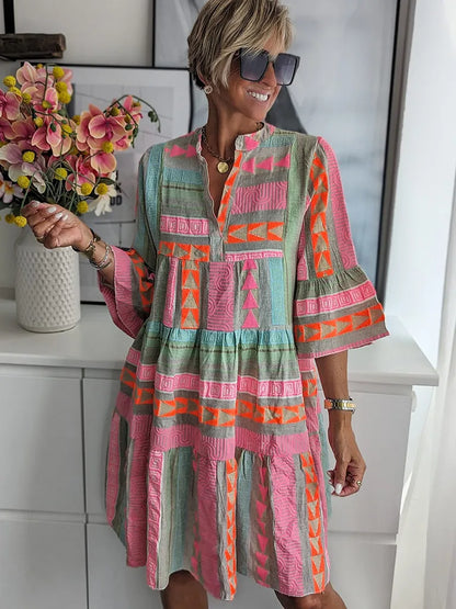 Tunic Dresses- Autumn Geo Print Tiered 3/4 Sleeve Midi Dress- - Pekosa Women Clothing