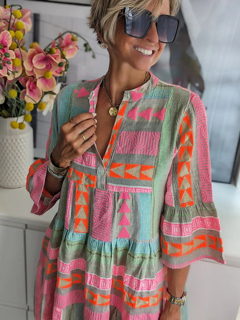 Tunic Dresses- Autumn Geo Print Tiered 3/4 Sleeve Midi Dress- - Pekosa Women Clothing
