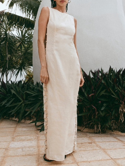Vacation Dresses- Women's Vacation Cutout Rings Side Maxi Dress- Cream- Pekosa Women Fashion