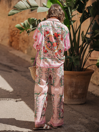 Vacation Outfits- Boho Floral Two-Piece Outfit - Long Sleeve Shirt & Pants- - Chuzko Women Clothing