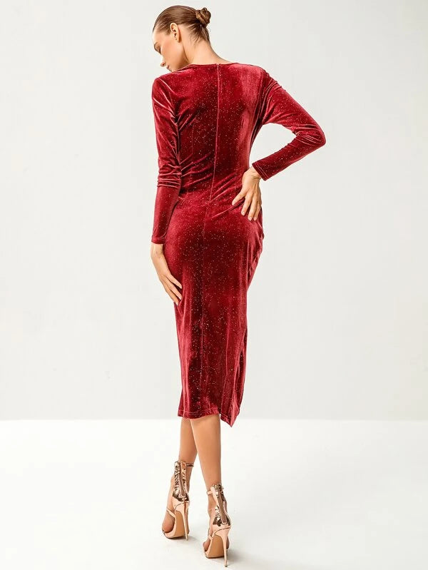 Velvet Dresses- Cocktail Bodycon - Sparkle Velvet V-Neck Dress- - Pekosa Women Clothing