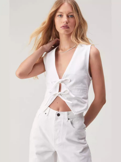 Vest Tops- Women's Denim Lace-Up Top Vest for Trendy Outfits- White- Pekosa Women Fashion