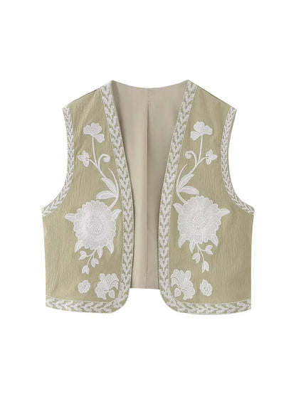Vests- Artisanal Embroidered Cropped Waistcoat - Women Vintage Vest- - Pekosa Women Fashion