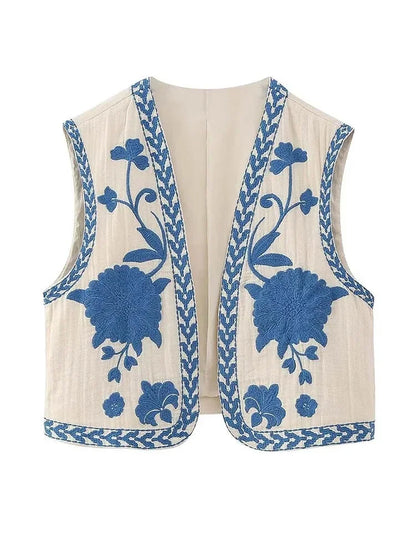 Vests- Artisanal Embroidered Cropped Waistcoat - Women Vintage Vest- Blue- Pekosa Women Fashion