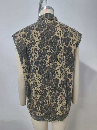 Waistcoat - Leopard Print Oversized Denim Vest Waistcoat