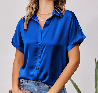 Blouses - Multicolor Silk Short Sleeve Satin Button Shirt Casual Loose Top