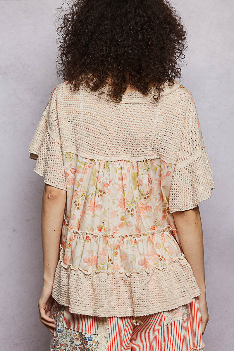  - POL Floral Print V-Neck Woven Blouse with Gentle Gathers