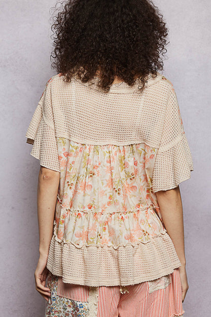  - POL Floral Print V-Neck Woven Blouse with Gentle Gathers