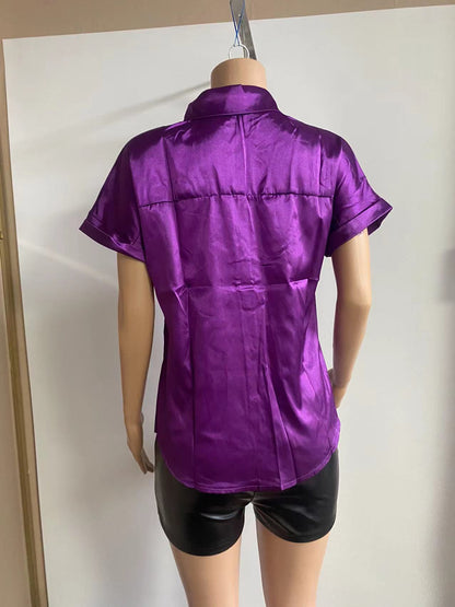 Multicolor Silk Short Sleeve Satin Button Shirt Casual Loose Top