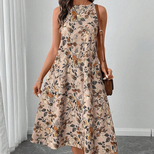 A-Line Dresses - Round Neck Sleeveless Flared Hem Retro Floral Print Casual Elegant Midi Dress