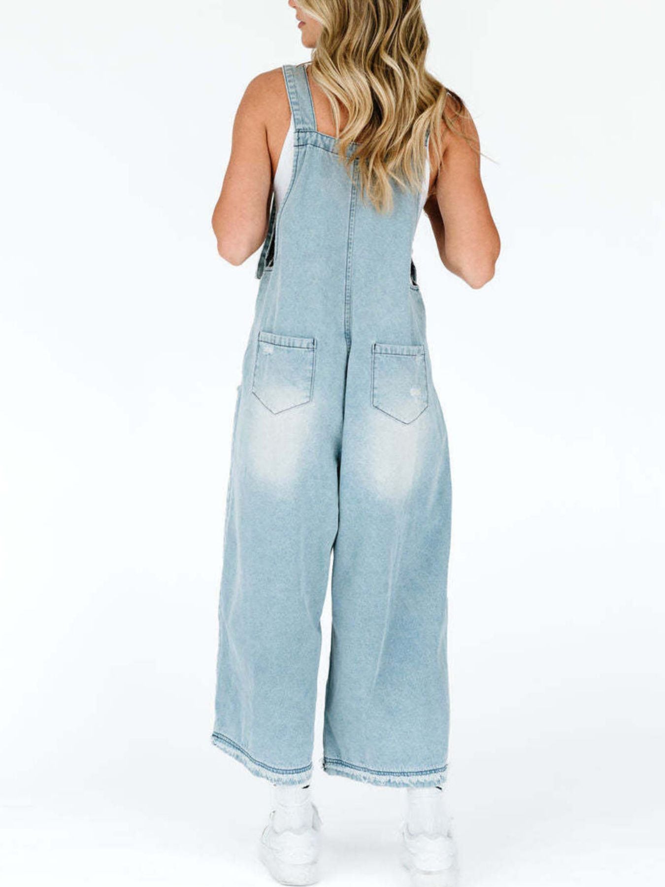  - Distressed Wide Leg Denim Overalls