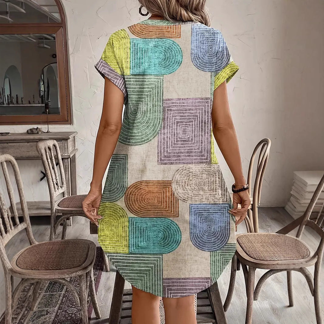 A-Line Dresses - Printed Woven Elegant V-neck Button Dress
