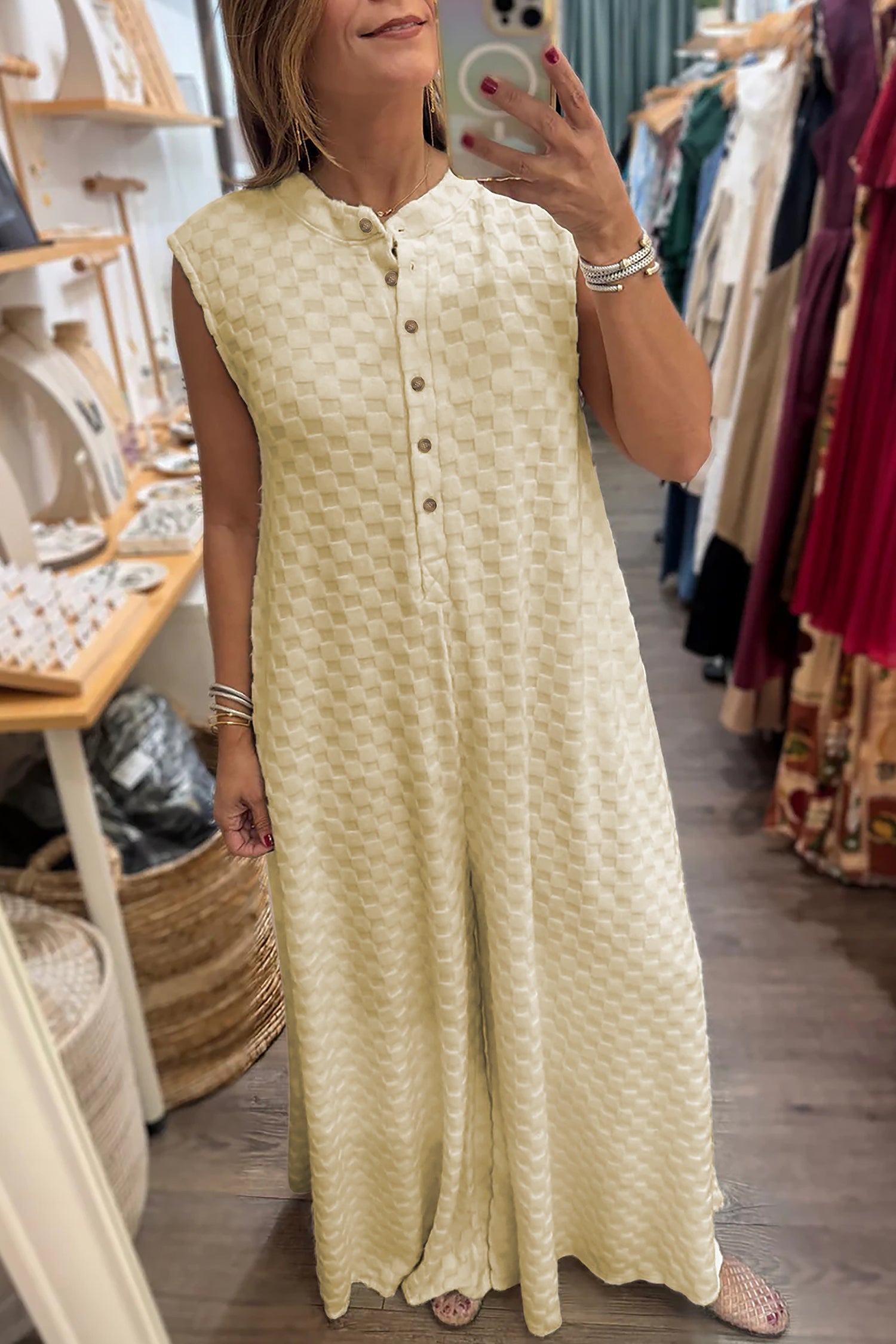 Jumpsuits & Rompers - White Half Buttons Sleeveless Wide Leg Textured Jumpsuit