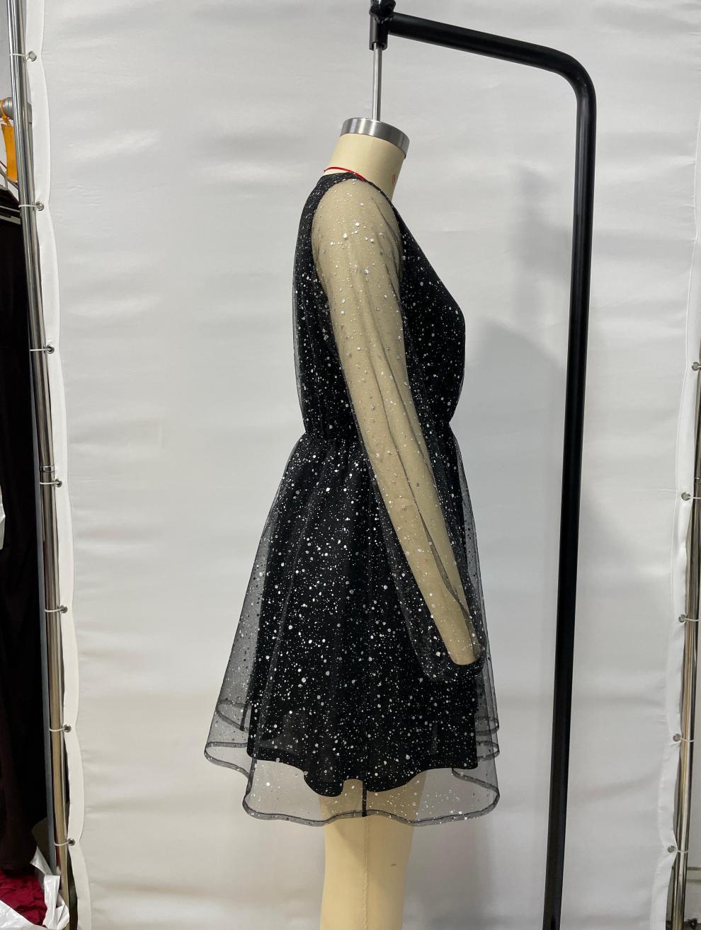 Sequined Long Sleeve Mesh V-neck Dress