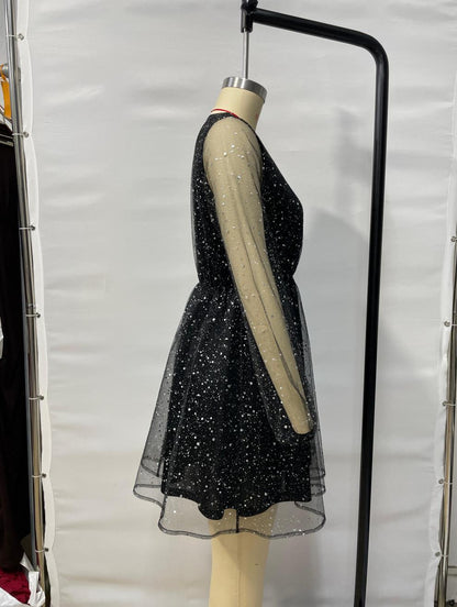 Sequined Long Sleeve Mesh V-neck Dress
