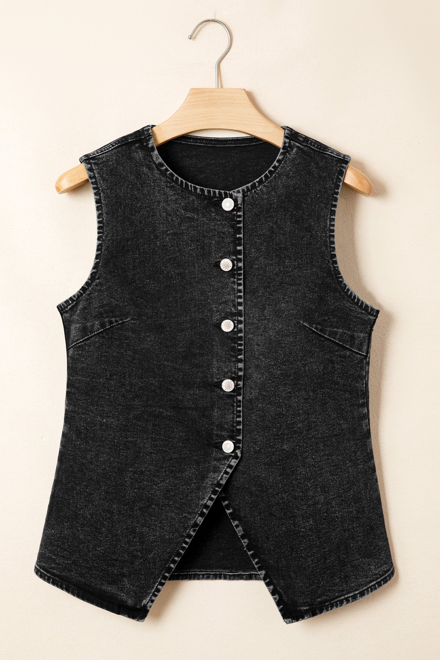 Tank Tops - Black Buttoned Front Slit Denim Vest